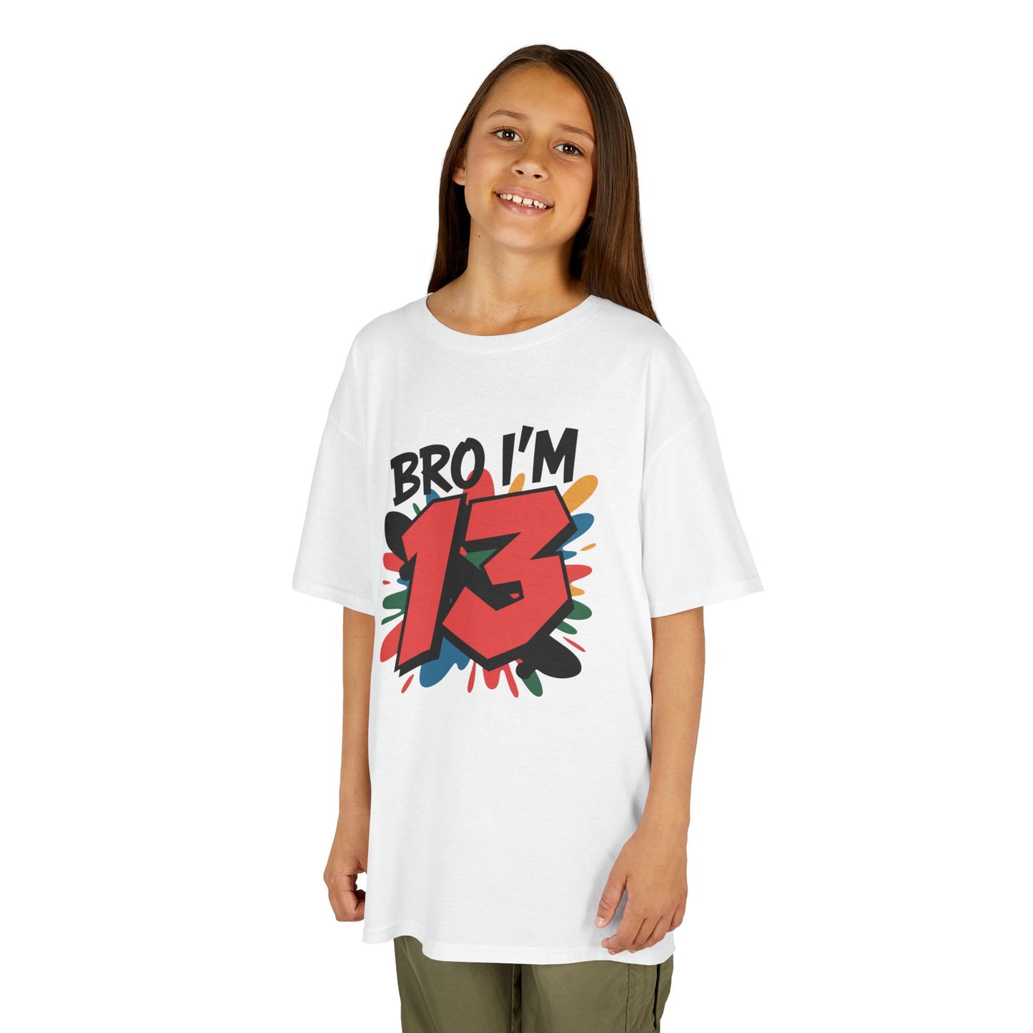 “Girl Bro I’m 13” graffiti‑style t‑shirt with a large red 13 and colorful splash background, a cool streetwear birthday tee for teen boys turning thirteen.​
