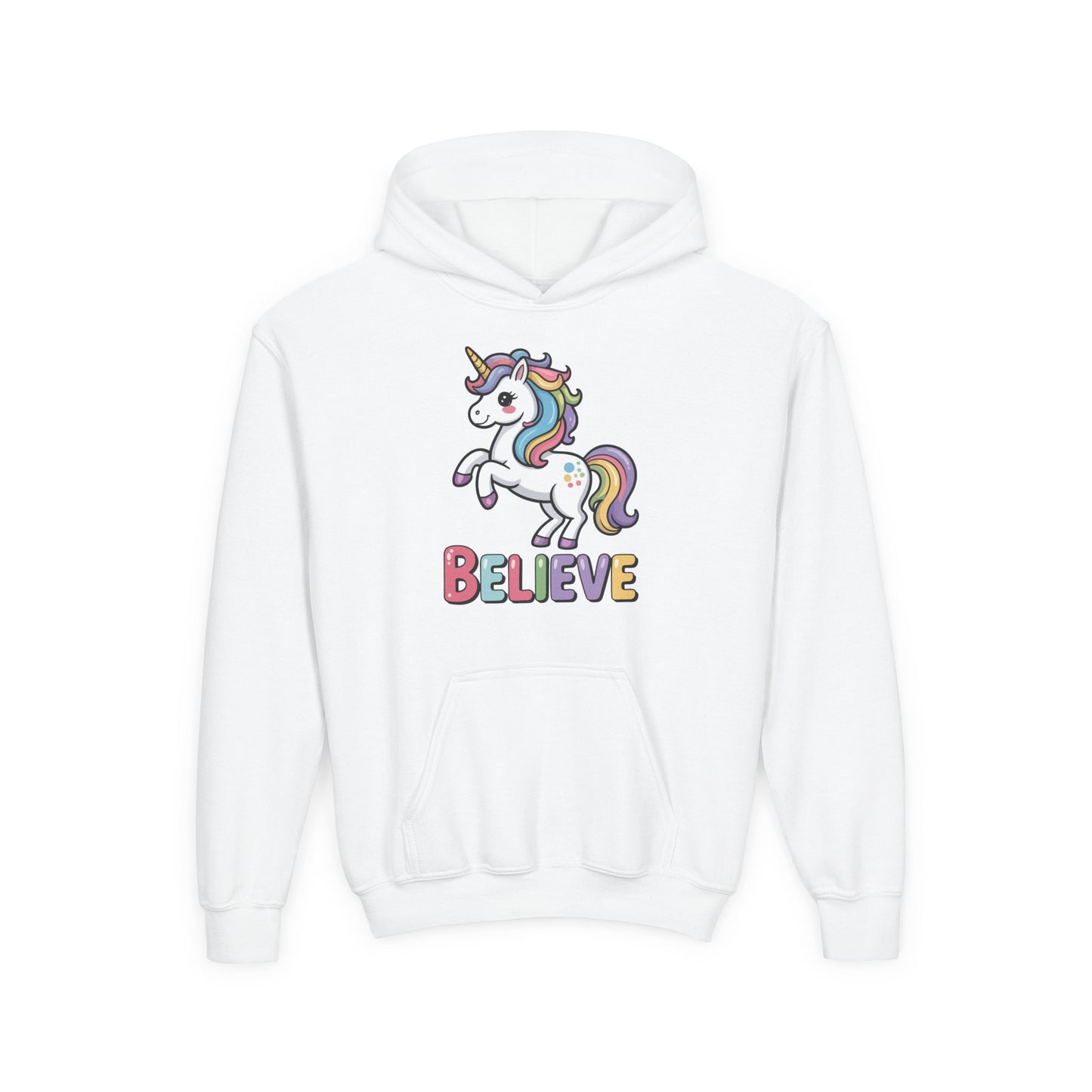 Youth Unicorn "Believe" Hoodie – Cute Rainbow Magic Kids Sweatshirt TEEZOCA