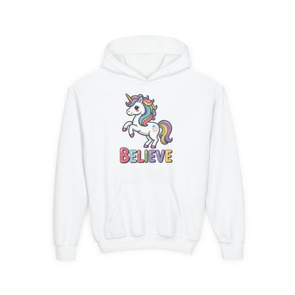 Youth Unicorn "Believe" Hoodie – Cute Rainbow Magic Kids Sweatshirt TEEZOCA