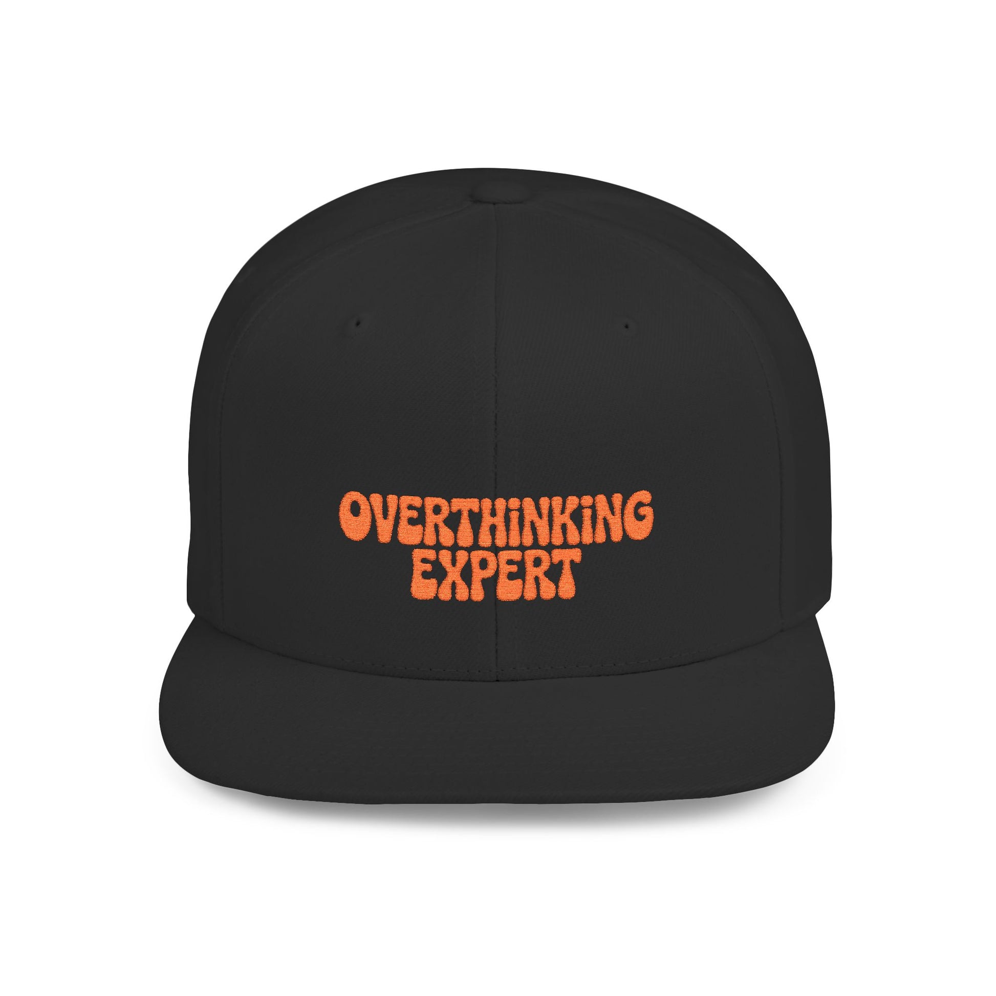 Black cap with orange text 'OVER THINKING EXPERT' on a white background