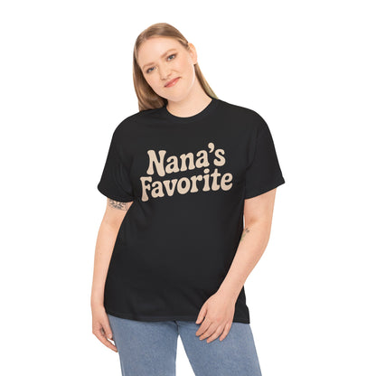 Girl wearing a black t-shirt with 'Nana's Favorite' text on a white background