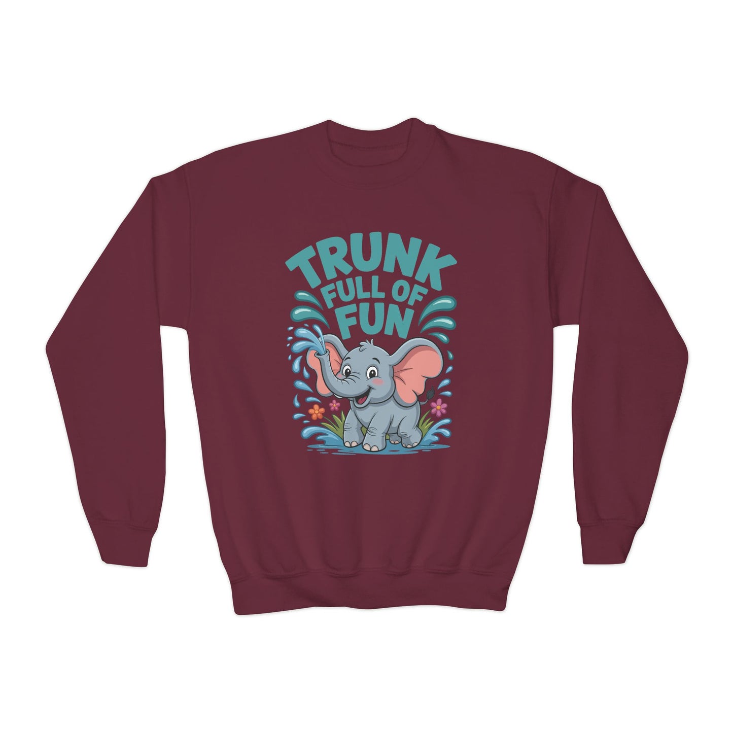 Youth Crewneck Sweatshirt — "Trunk Full of Fun" Playful Elephant Kids Pullover TEEZOCA