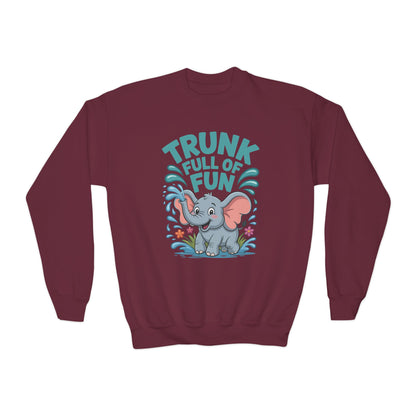Youth Crewneck Sweatshirt — "Trunk Full of Fun" Playful Elephant Kids Pullover TEEZOCA