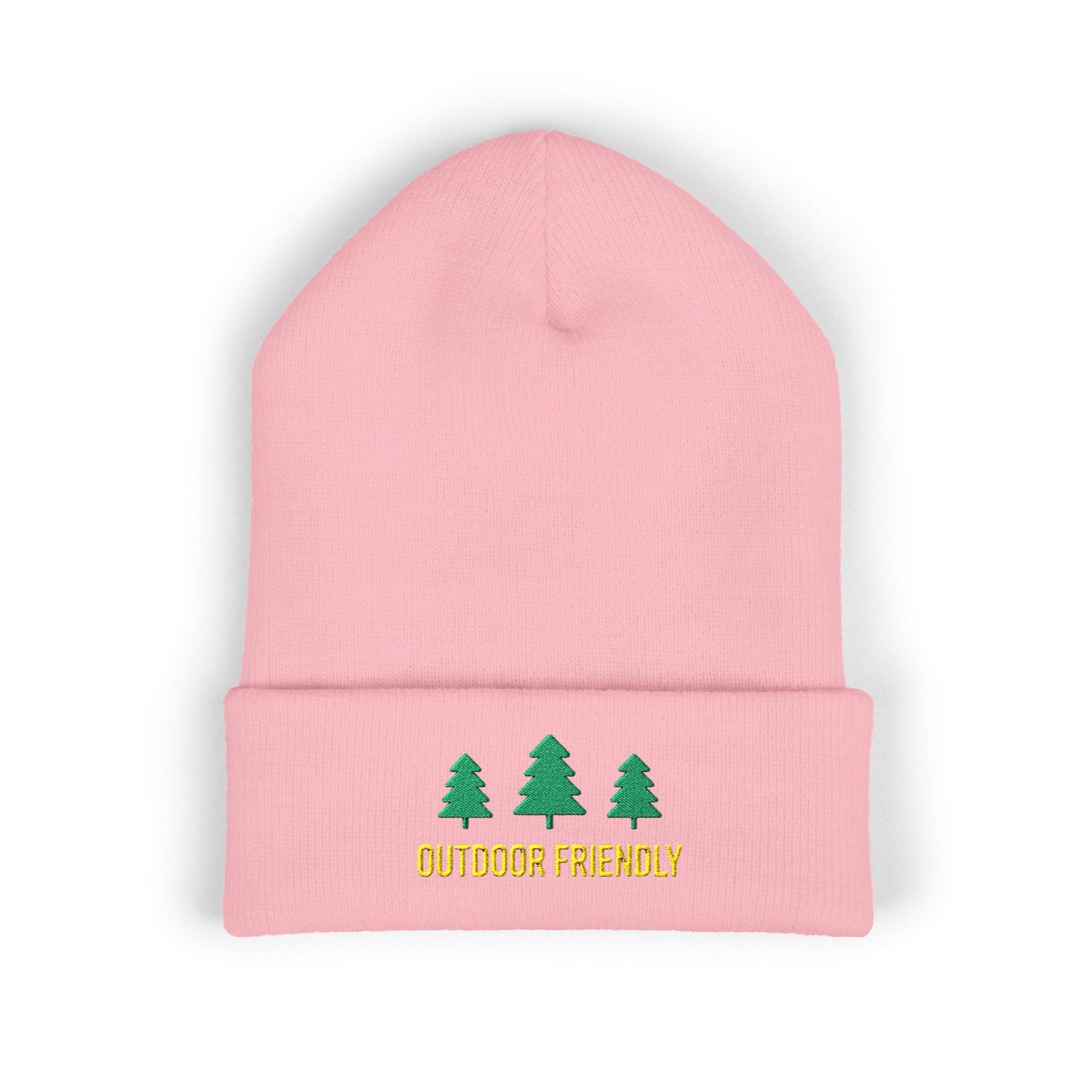 Pink beanie with green trees and 'Outdoor Friendly' text on a white background