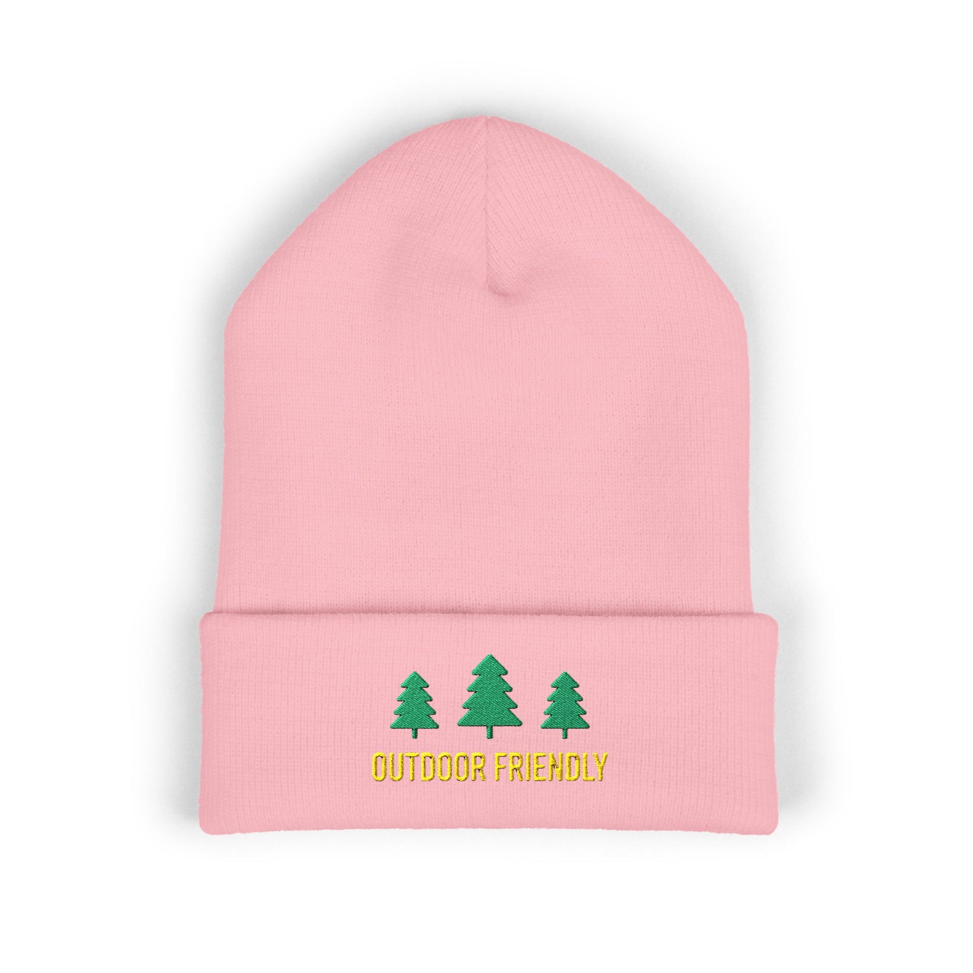 Pink beanie with green trees and 'Outdoor Friendly' text on a white background
