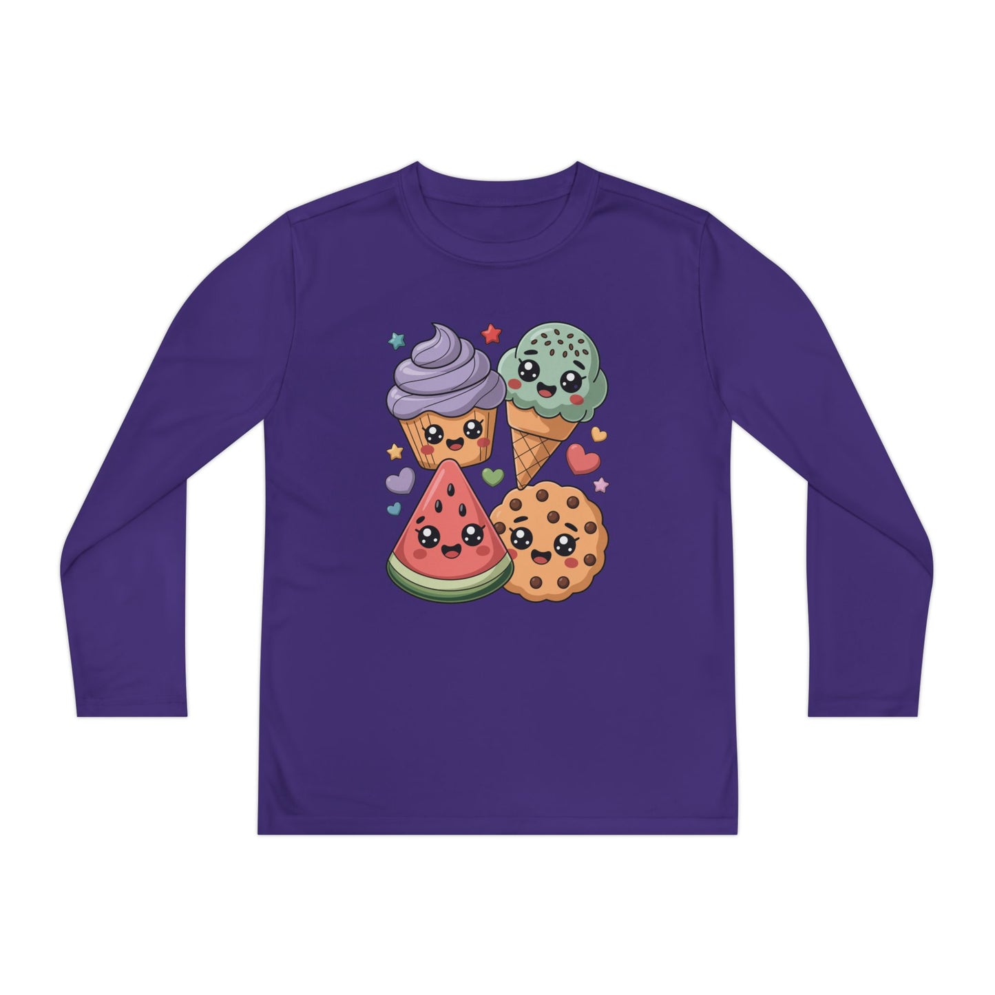 Kids Long Sleeve Tee — Cute Kawaii Snacks: Ice Cream, Cookie & Watermelon Design TEEZOCA
