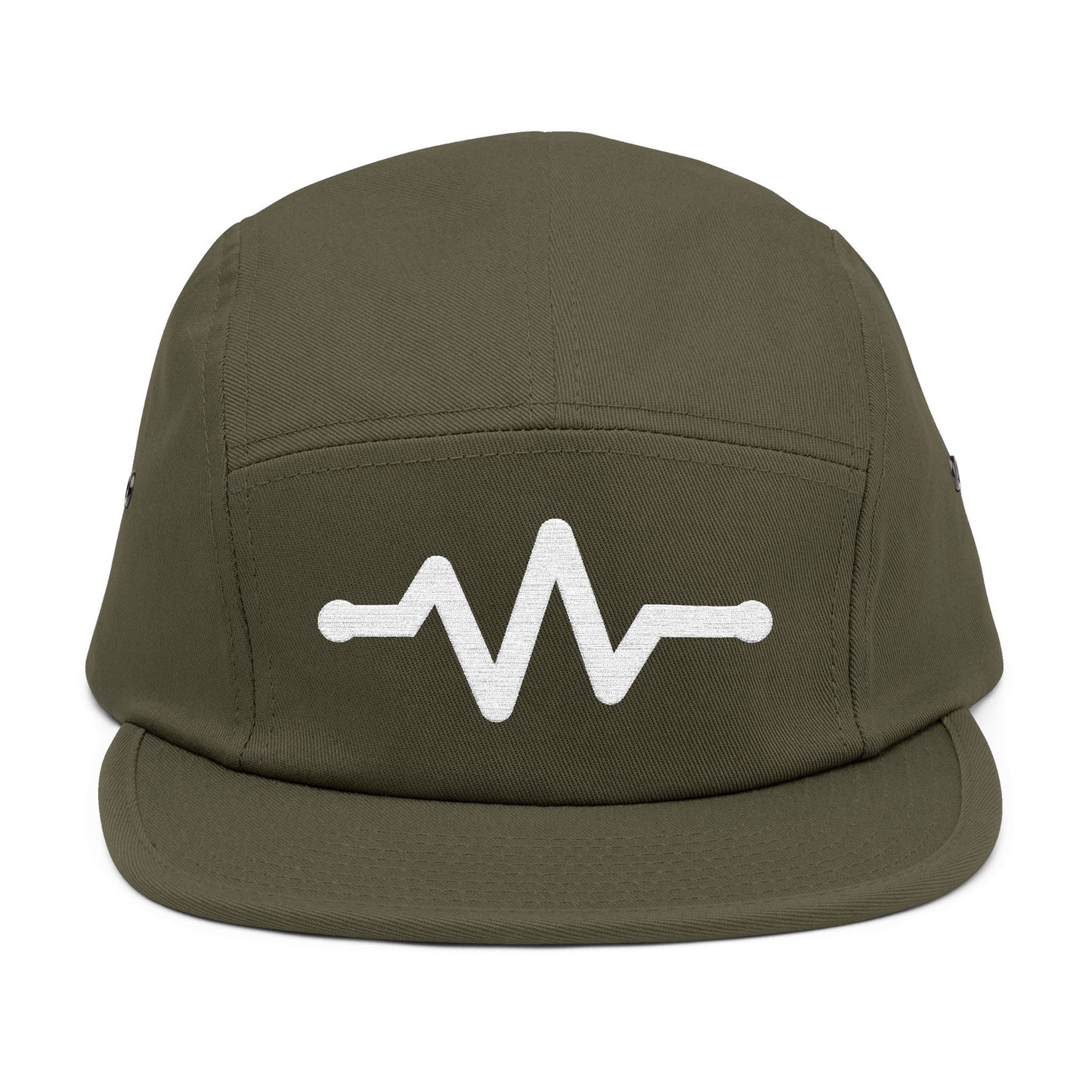 Green cap with a white wave design on a white background. Minimal pulse line embroidered on green five-panel cap. TEEZOCA