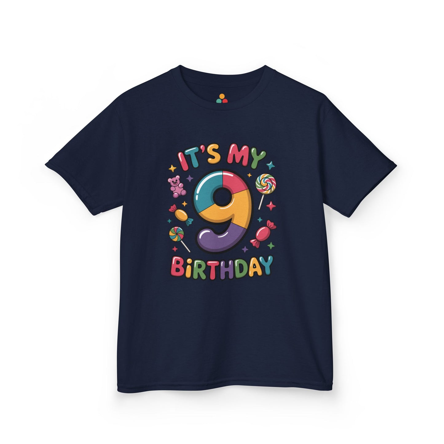 “Charcoal gray ‘It’s My 9th Birthday’ shirt featuring colorful candy around large rainbow 9, flat display.”

