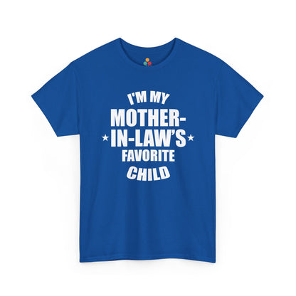 “Royal blue t‑shirt with white ‘I’m My Mother‑In‑Law’s Favorite Child’ design, flat display.”

