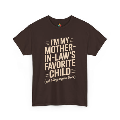 TEEZOCA brown “I’m My Mother‑In‑Law’s Favorite Child” sarcastic graphic t‑shirt displayed flat.