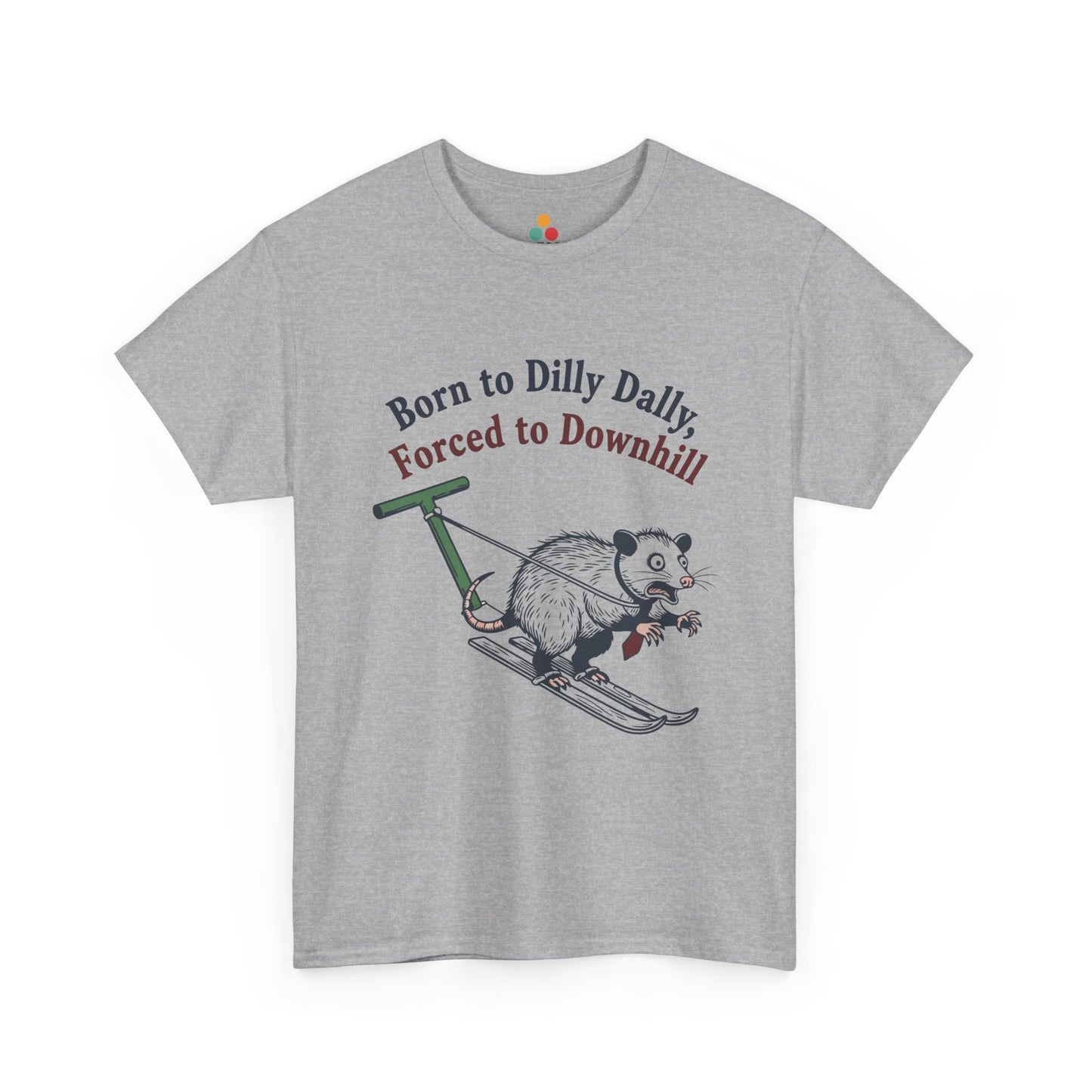 Opossum Skiing Graphic T-Shirt - "Born to Dilly Dally, Forced to Downhill" Funny Winter Tee | TEEZOCA 