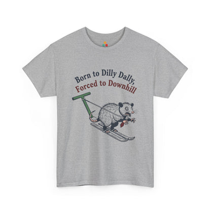Opossum Skiing Graphic T-Shirt - "Born to Dilly Dally, Forced to Downhill" Funny Winter Tee | TEEZOCA 