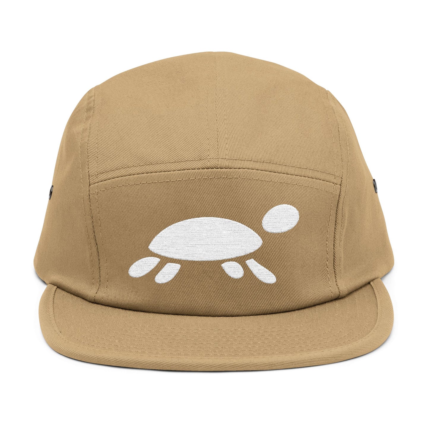 Tan cap with a white turtle design on a white background. Minimalist turtle outline embroidery design for 5-panel caps by TEEZOCA