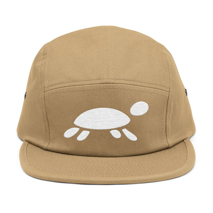 Tan cap with a white turtle design on a white background. Minimalist turtle outline embroidery design for 5-panel caps by TEEZOCA