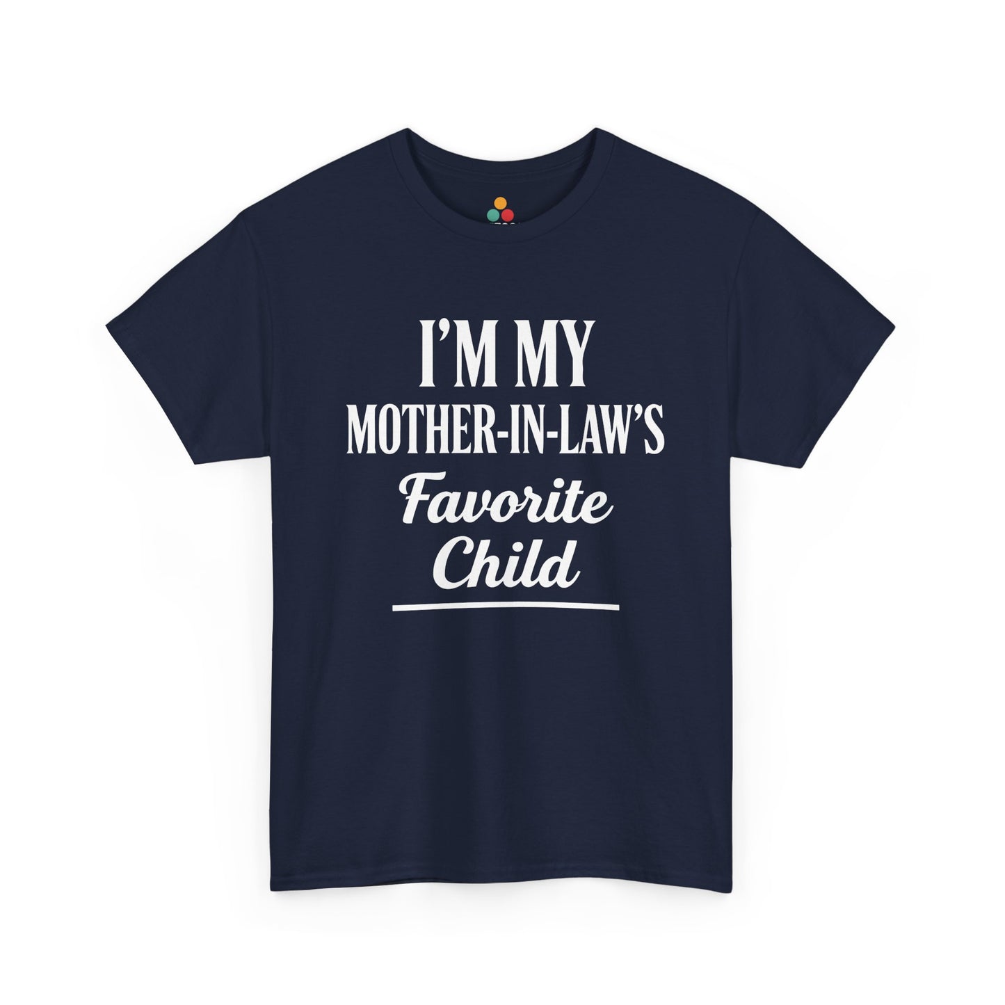 “Navy model wearing Teezoca I’m My Mother‑In‑Law’s Favorite Child t‑shirt, funny in‑law quote, black unisex front.”


