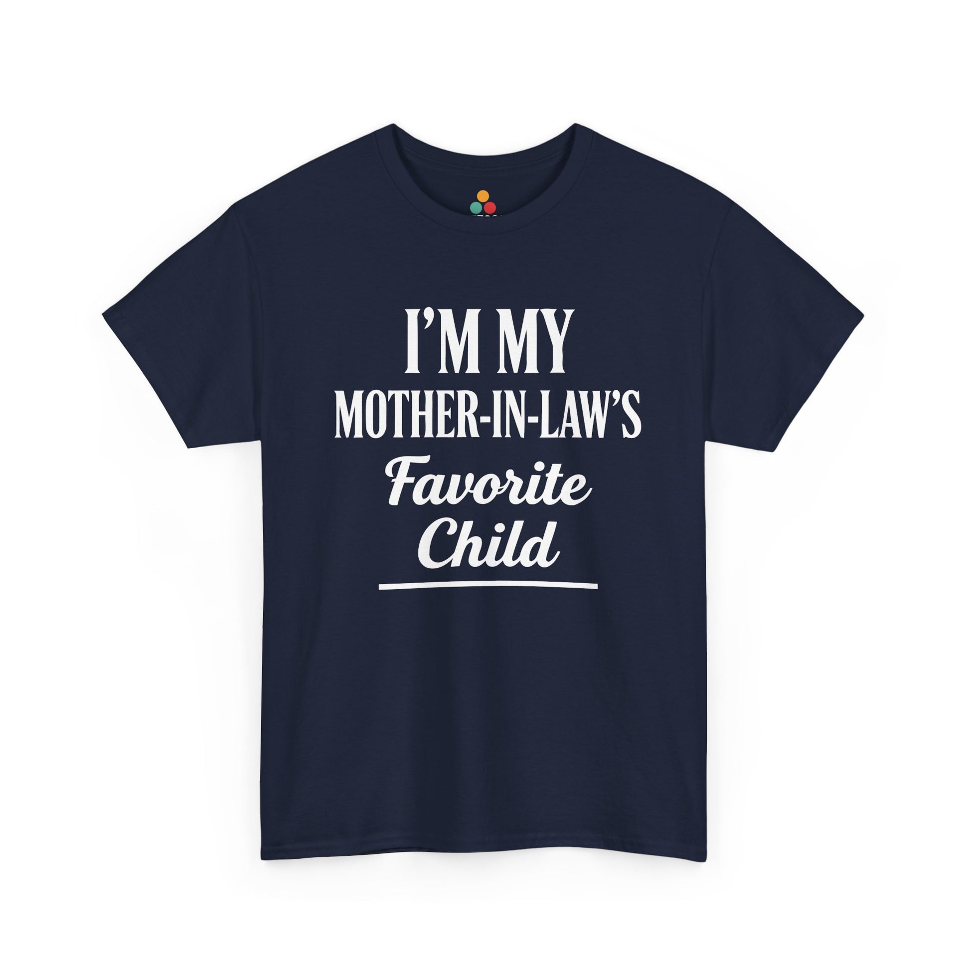 “Navy model wearing Teezoca I’m My Mother‑In‑Law’s Favorite Child t‑shirt, funny in‑law quote, black unisex front.”

