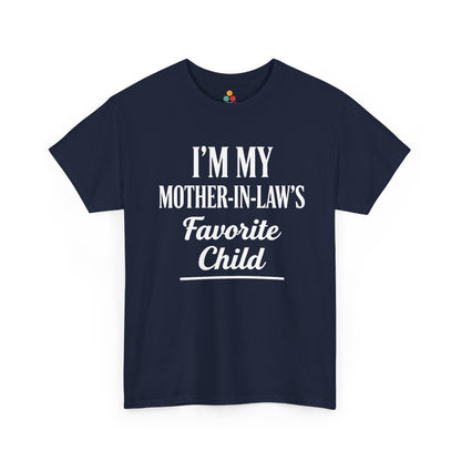 “Navy model wearing Teezoca I’m My Mother‑In‑Law’s Favorite Child t‑shirt, funny in‑law quote, black unisex front.”

