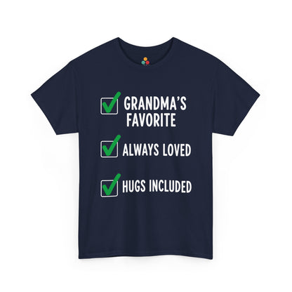 TEEZOCA navy “Grandma’s Favorite Always Loved Hugs Included” playful grandchild tee shown flat.