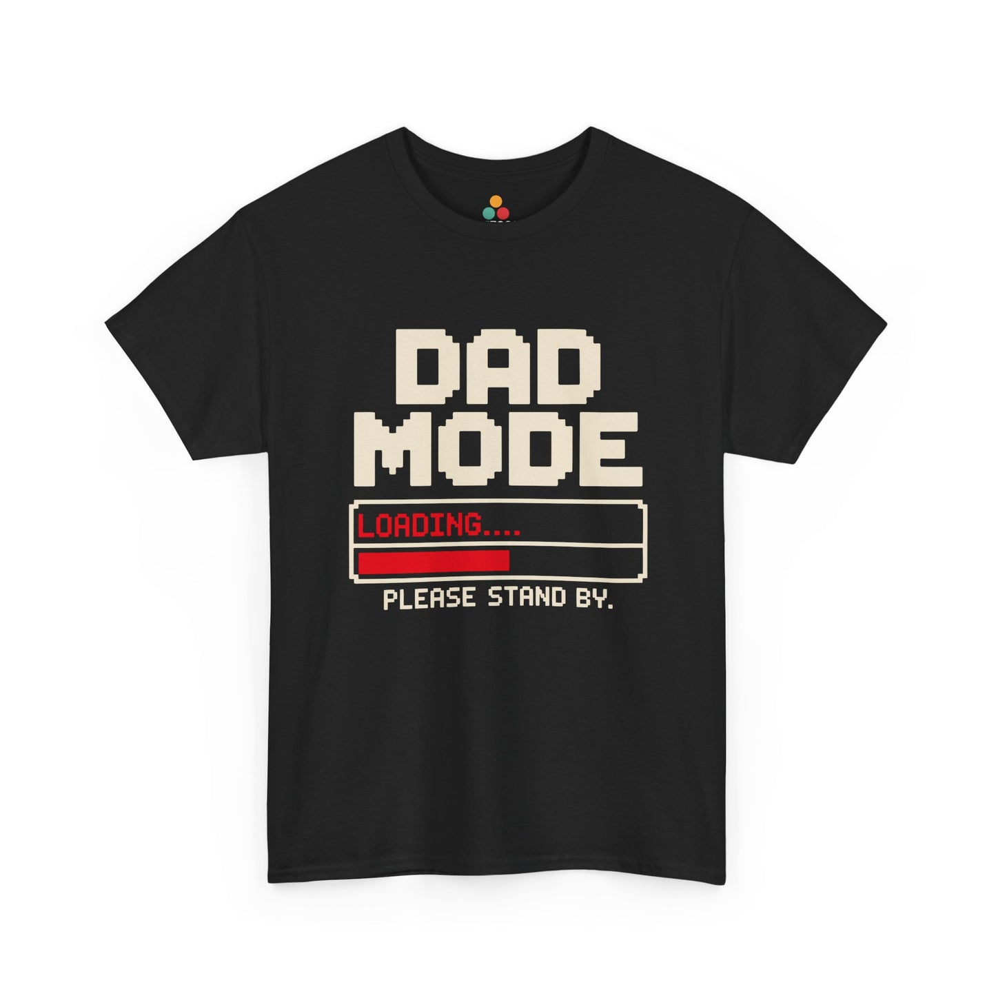 TEEZOCA black “Dad Mode Loading Please Stand By” graphic t-shirt shown flat on a white background.