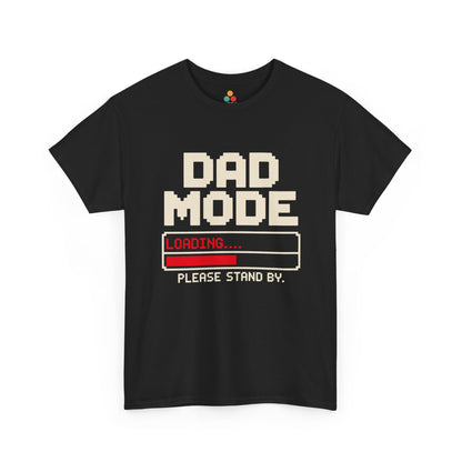 TEEZOCA black “Dad Mode Loading Please Stand By” graphic t-shirt shown flat on a white background.