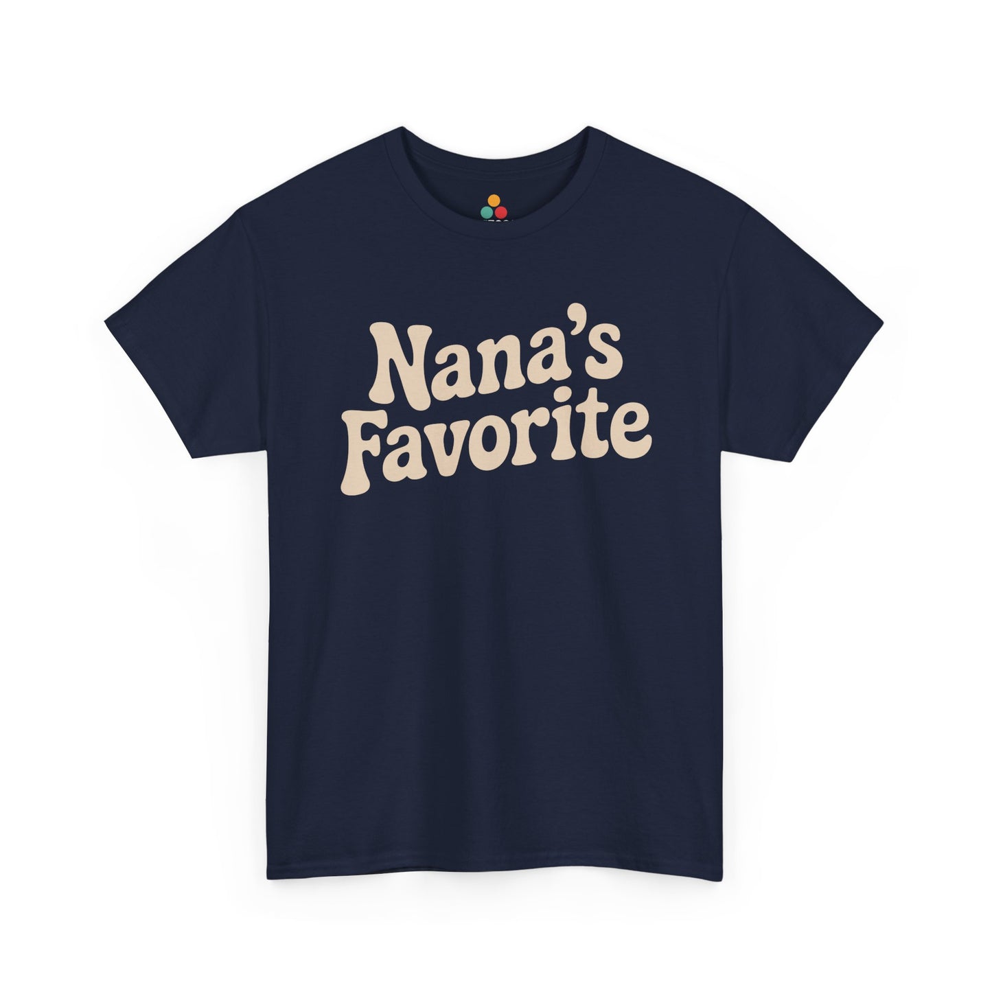 Navy t‑shirt with cream “Nana’s Favorite” vintage letters, flat front view.​