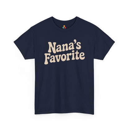 Navy t‑shirt with cream “Nana’s Favorite” vintage letters, flat front view.​
