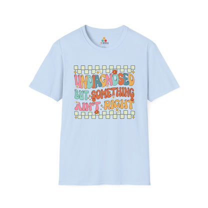Light blue t-shirt with colorful text design on a white background