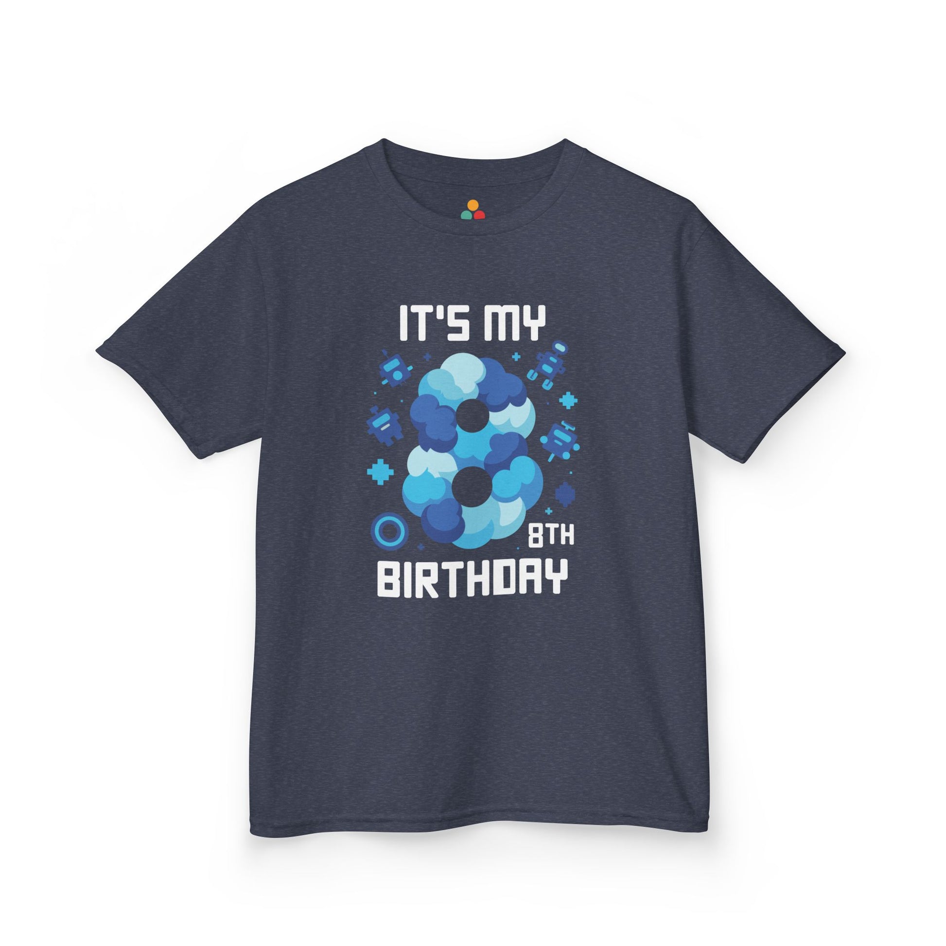 “ ‘It’s My 8th Birthday’ gaming shirt with blue 8 and pixel details, children’s 8th birthday tee, front view.”

