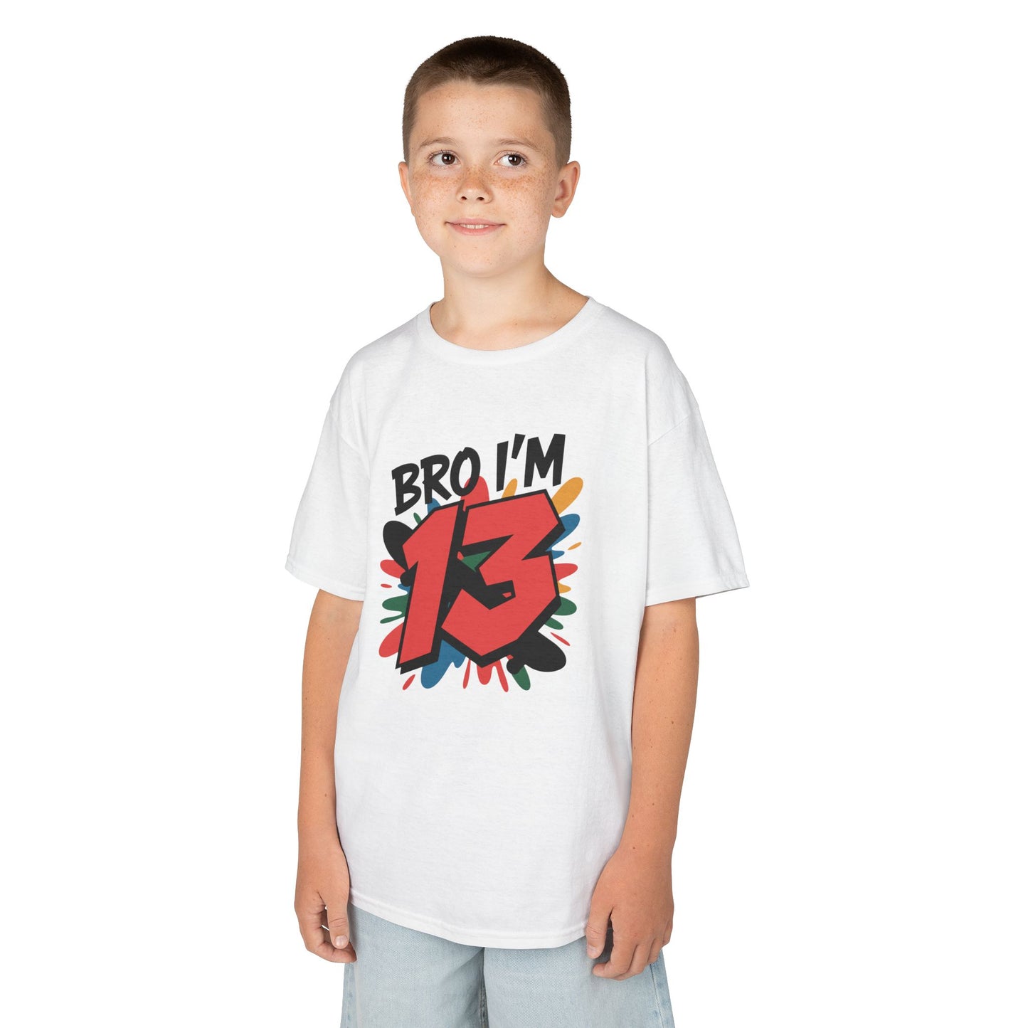 Child wearing a white t-shirt with 'Bro I'm 13' design on a white background
