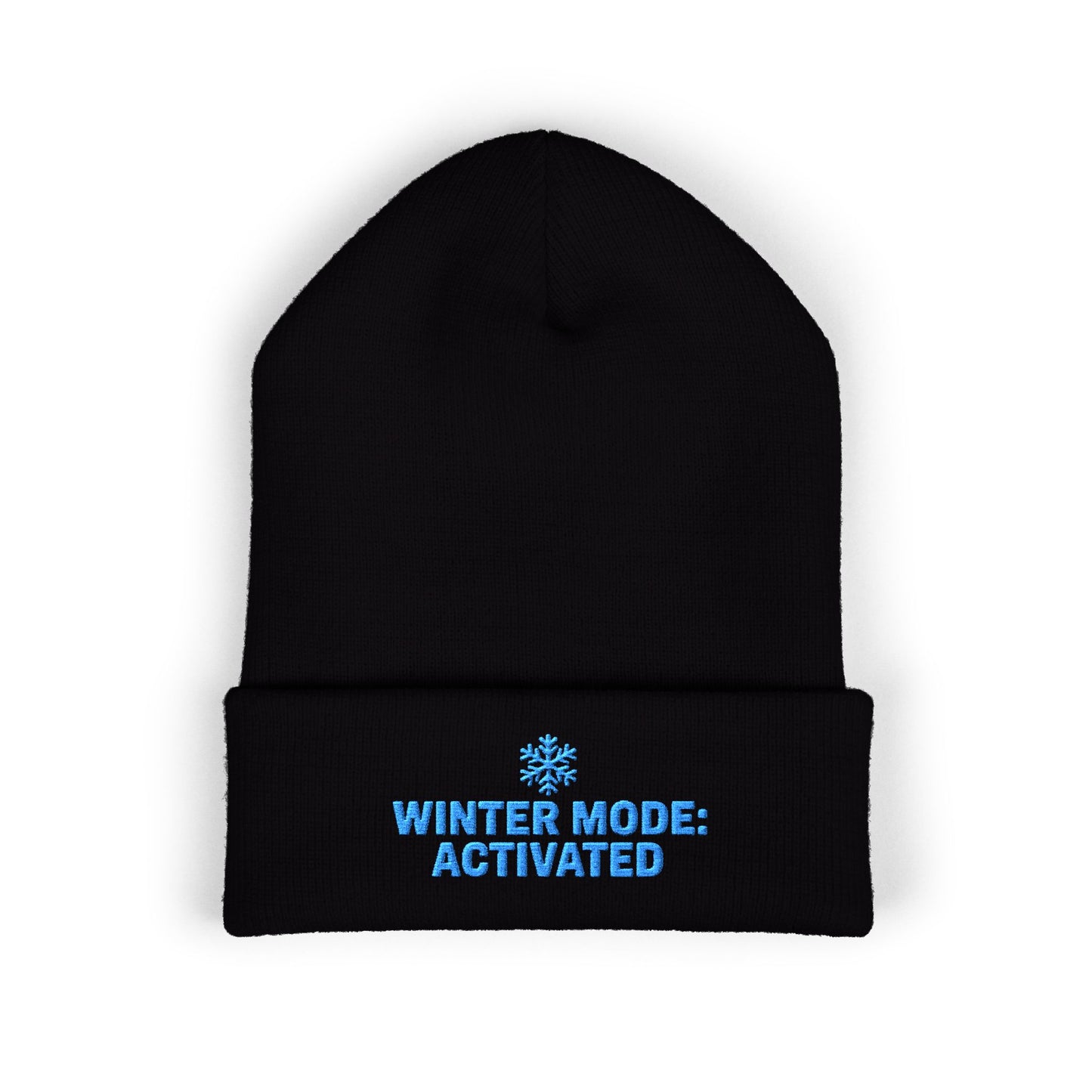 Black beanie with blue text 'Winter Mode: Activated' on a white background. Cuffed winter hat with light-blue snowflake and seasonal slogan