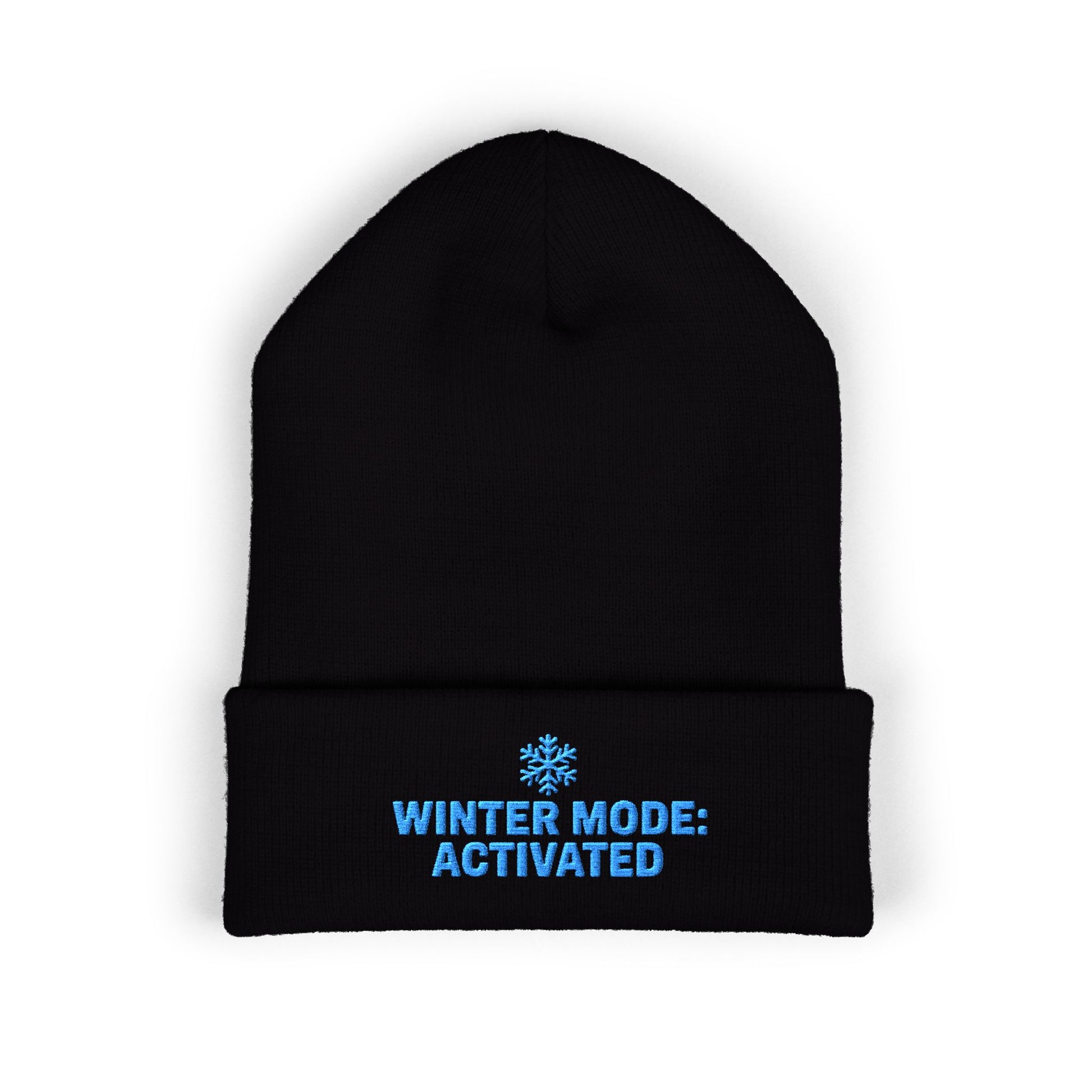Black beanie with blue text 'Winter Mode: Activated' on a white background. Cuffed winter hat with light-blue snowflake and seasonal slogan