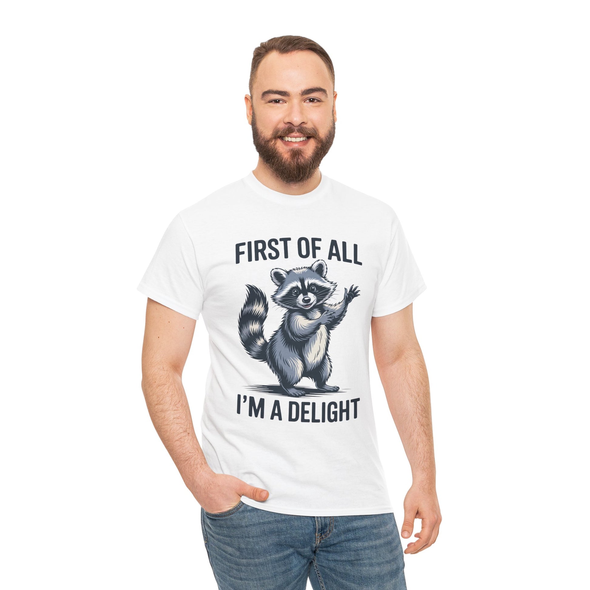 Man wearing a TEEZOCA “First Of All I’m A Delight” raccoon graphic tee.