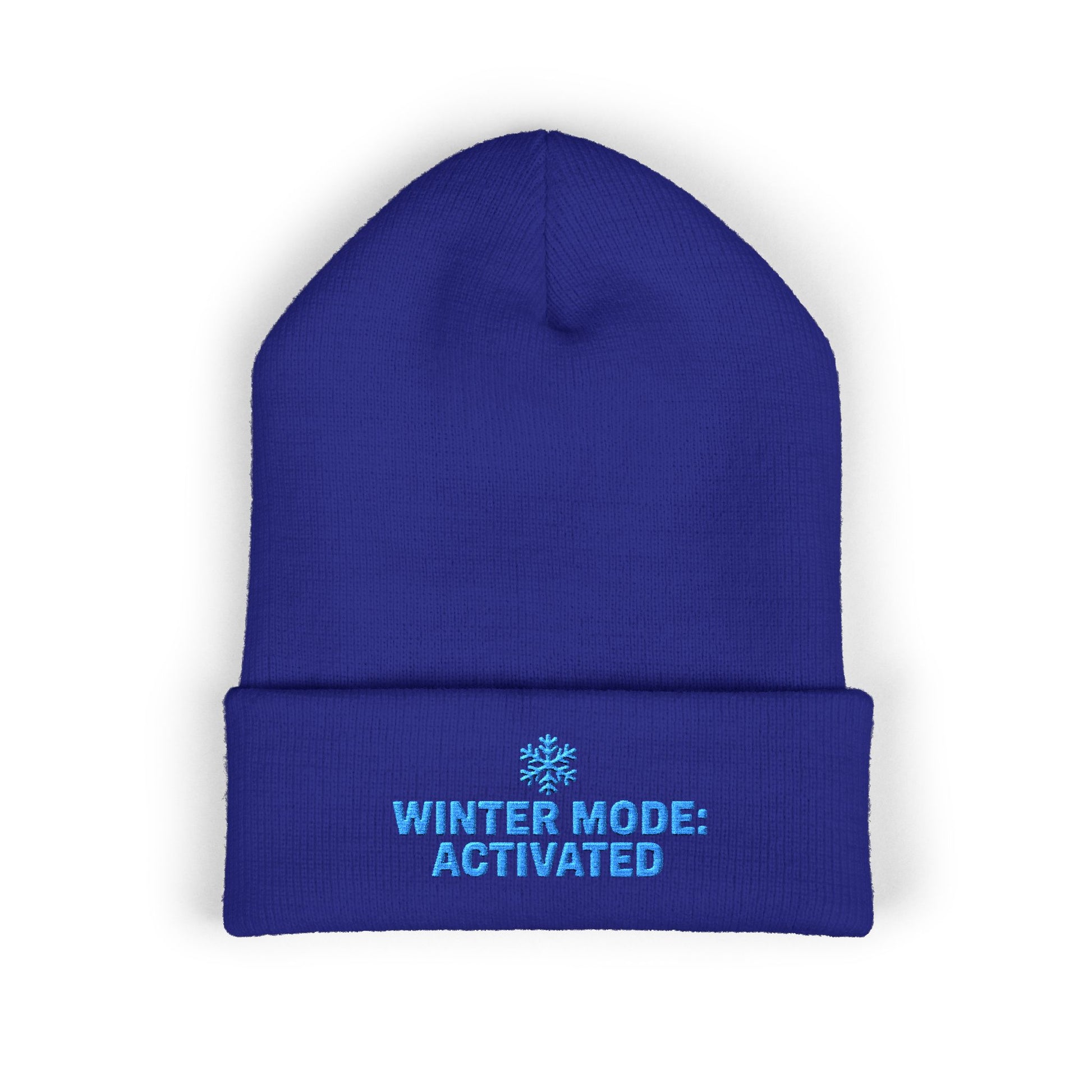 Blue beanie with 'Winter Mode: Activated' text on a white background. Blue snowflake winter beanie with ‘Winter Mode Activated’ text embroidery