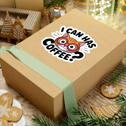Wooden gift box with a sticker asking 'I can has coffee?' on a festive background with cookies and lights. TEEZOCA