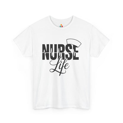 White t-shirt with 'Nurse Life' text design on a white background