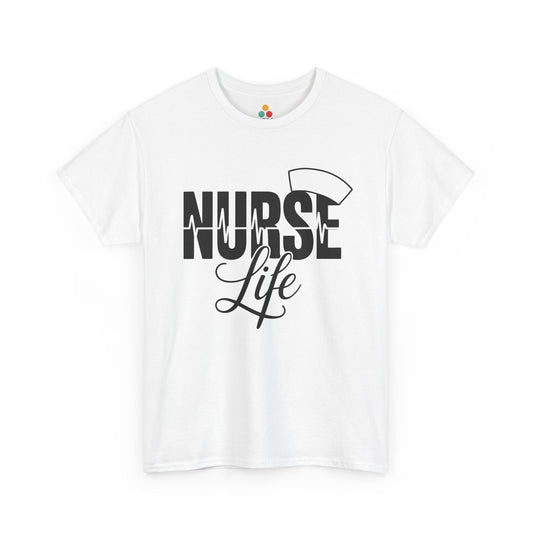 White t-shirt with 'Nurse Life' text design on a white background