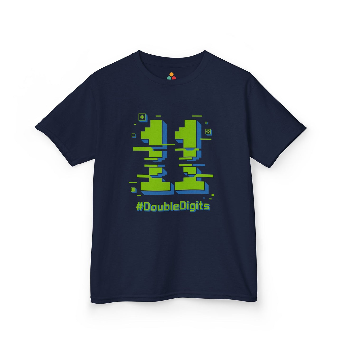  Navy kids’ t‑shirt with neon green and blue pixel number 11 and “#DoubleDigits” gamer text, flat front view.