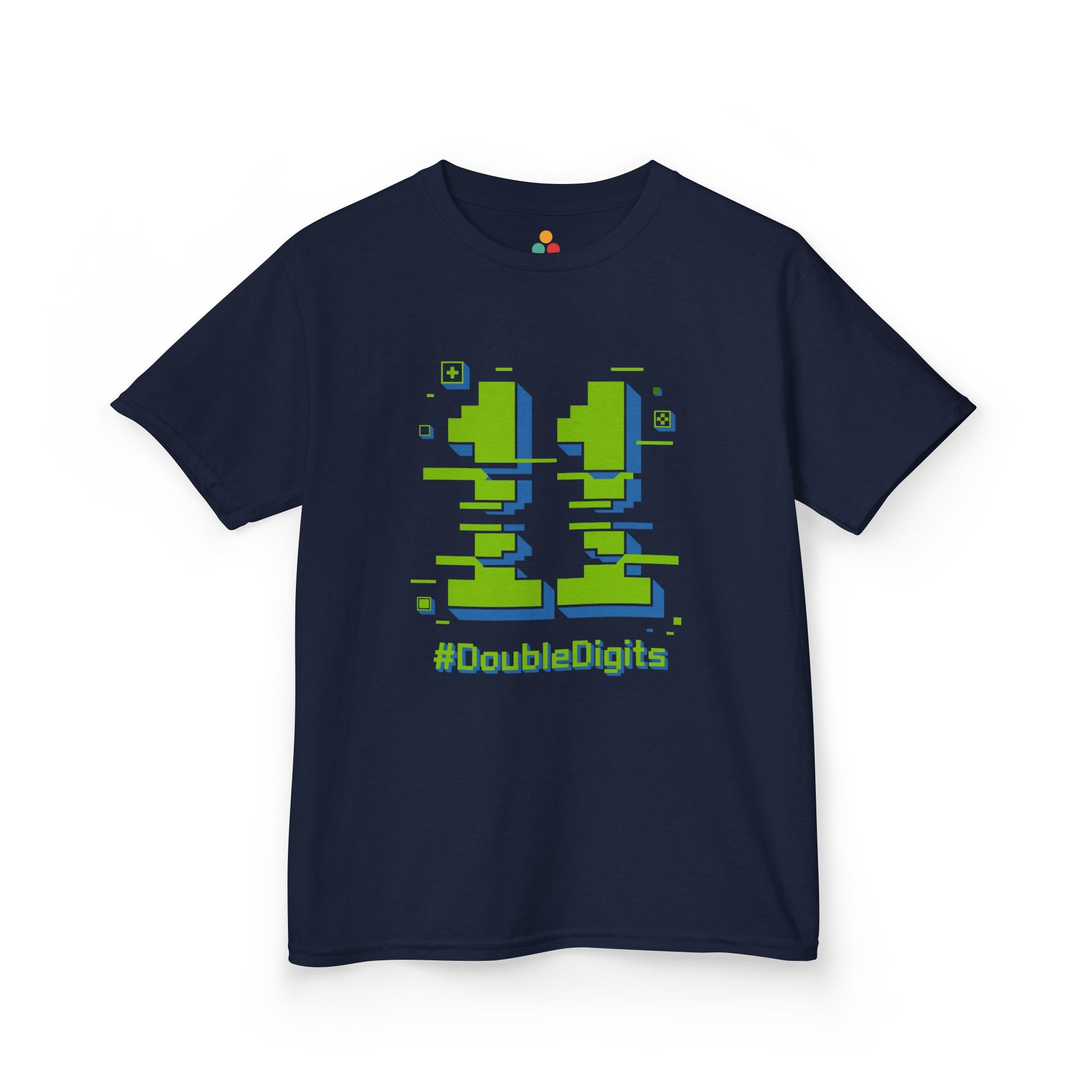  Navy kids’ t‑shirt with neon green and blue pixel number 11 and “#DoubleDigits” gamer text, flat front view.
