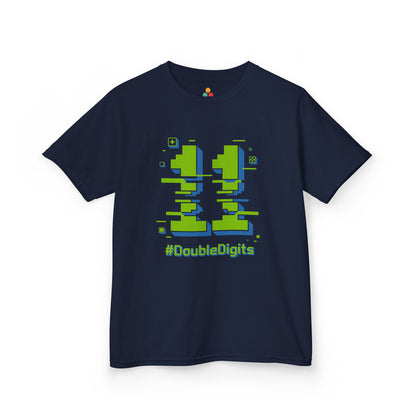  Navy kids’ t‑shirt with neon green and blue pixel number 11 and “#DoubleDigits” gamer text, flat front view.
