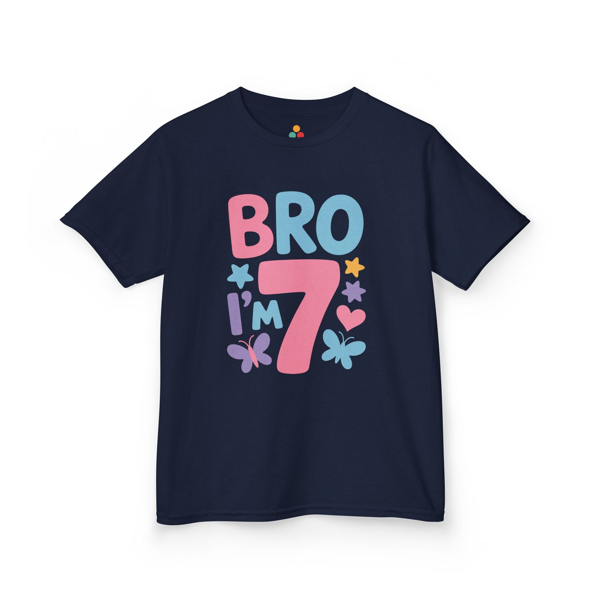 "Navy blue Bro I'm 7 sibling shirt by Teezoca, bright colorful birthday graphic, flat front display."

