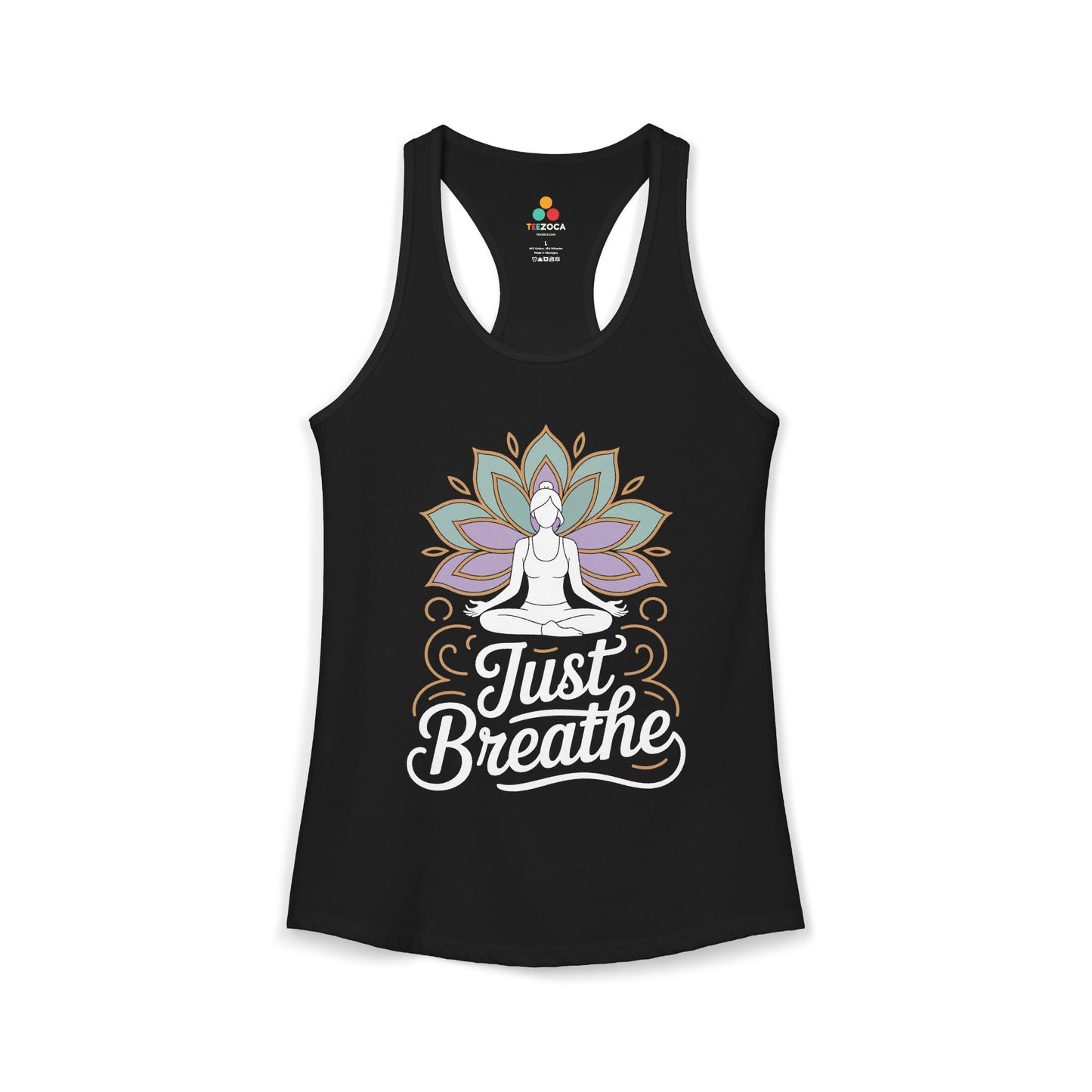 Black tank top with a yoga-themed design and 'Just Breathe' text on a white background. TEEZOCA women’s yoga tank top with “Just Breathe” meditation and lotus mandala design