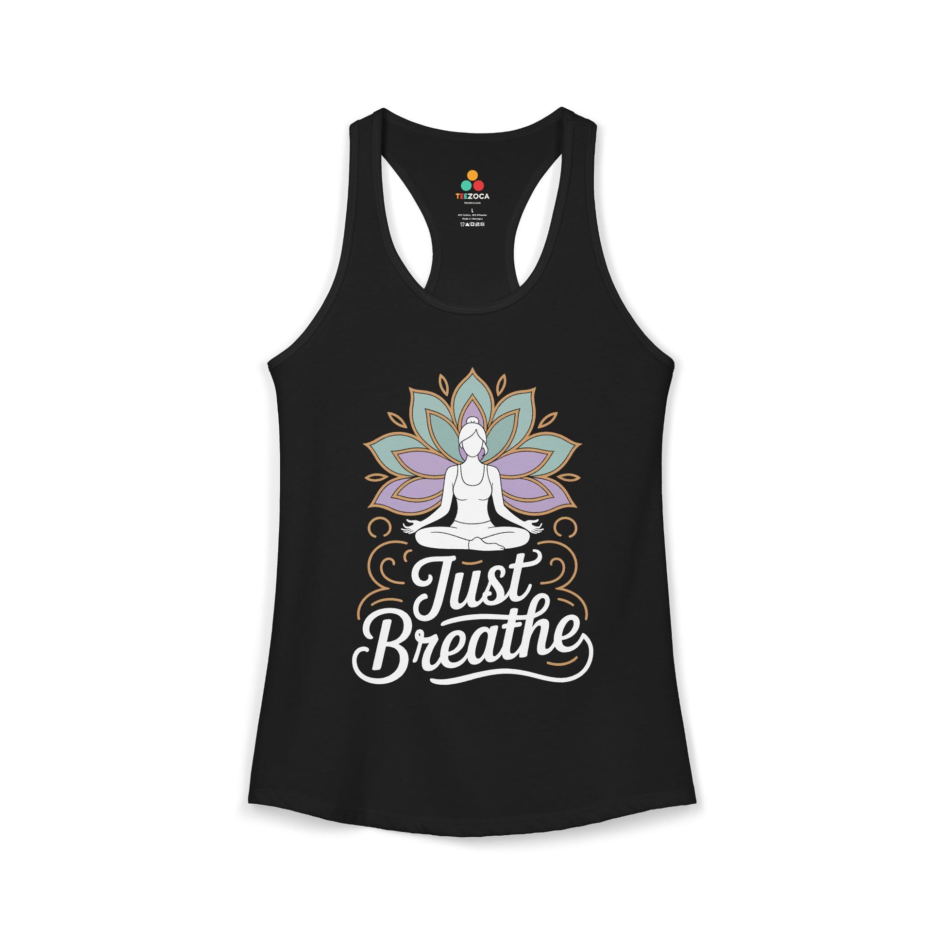 Black tank top with a yoga-themed design and 'Just Breathe' text on a white background. TEEZOCA women’s yoga tank top with “Just Breathe” meditation and lotus mandala design