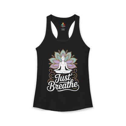 Black tank top with a yoga-themed design and 'Just Breathe' text on a white background. TEEZOCA women’s yoga tank top with “Just Breathe” meditation and lotus mandala design