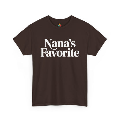Brown t‑shirt with big white “Nana’s Favorite” words, flat view.