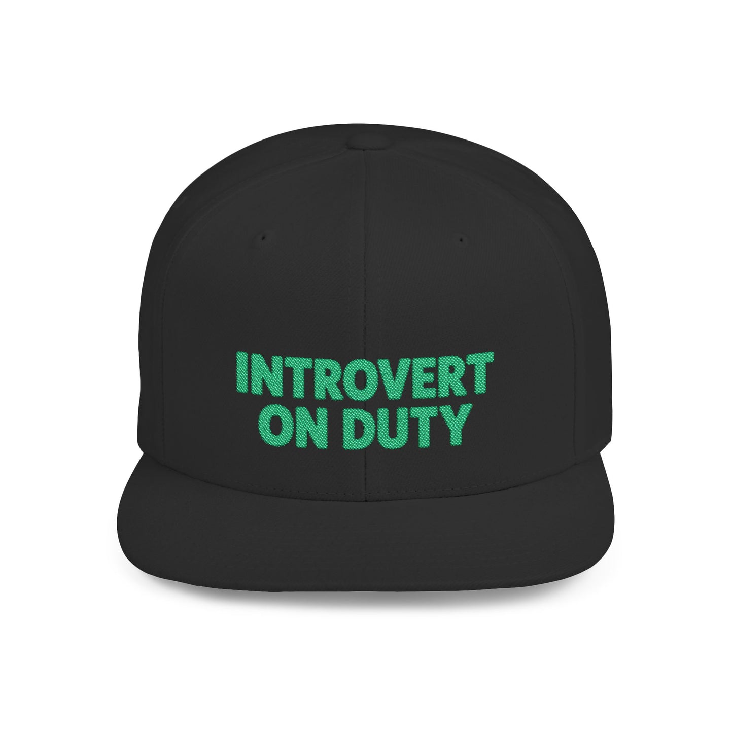 Black cap with 'Introvert On Duty' text in green on a white background