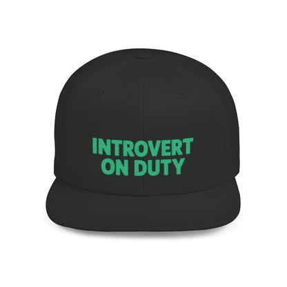 Black cap with 'Introvert On Duty' text in green on a white background