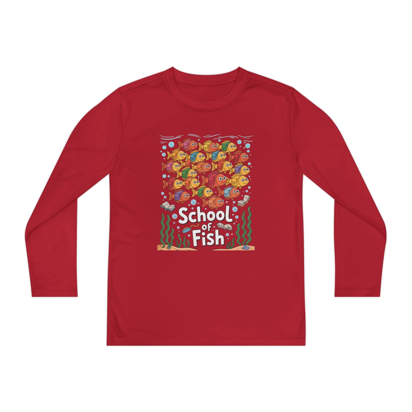 Youth Long Sleeve Tee – "School of Fish" Colorful Kids Graphic Shirt TEEZOCA