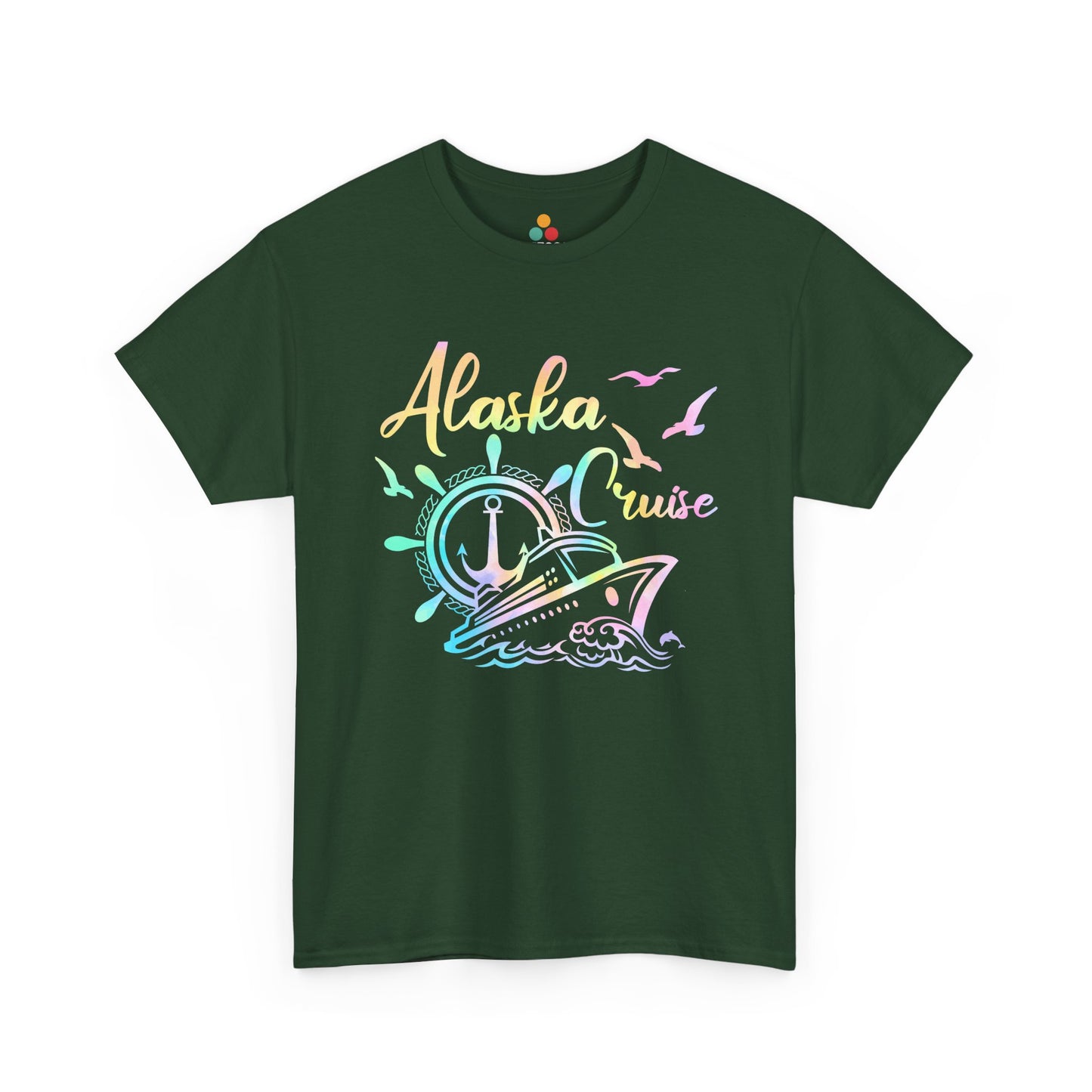 “Teezoca dark green Alaska Cruise shirt, multicolor ship and helm illustration, Alaska trip t-shirt, front.”

