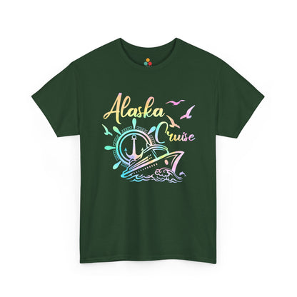 “Teezoca dark green Alaska Cruise shirt, multicolor ship and helm illustration, Alaska trip t-shirt, front.”

