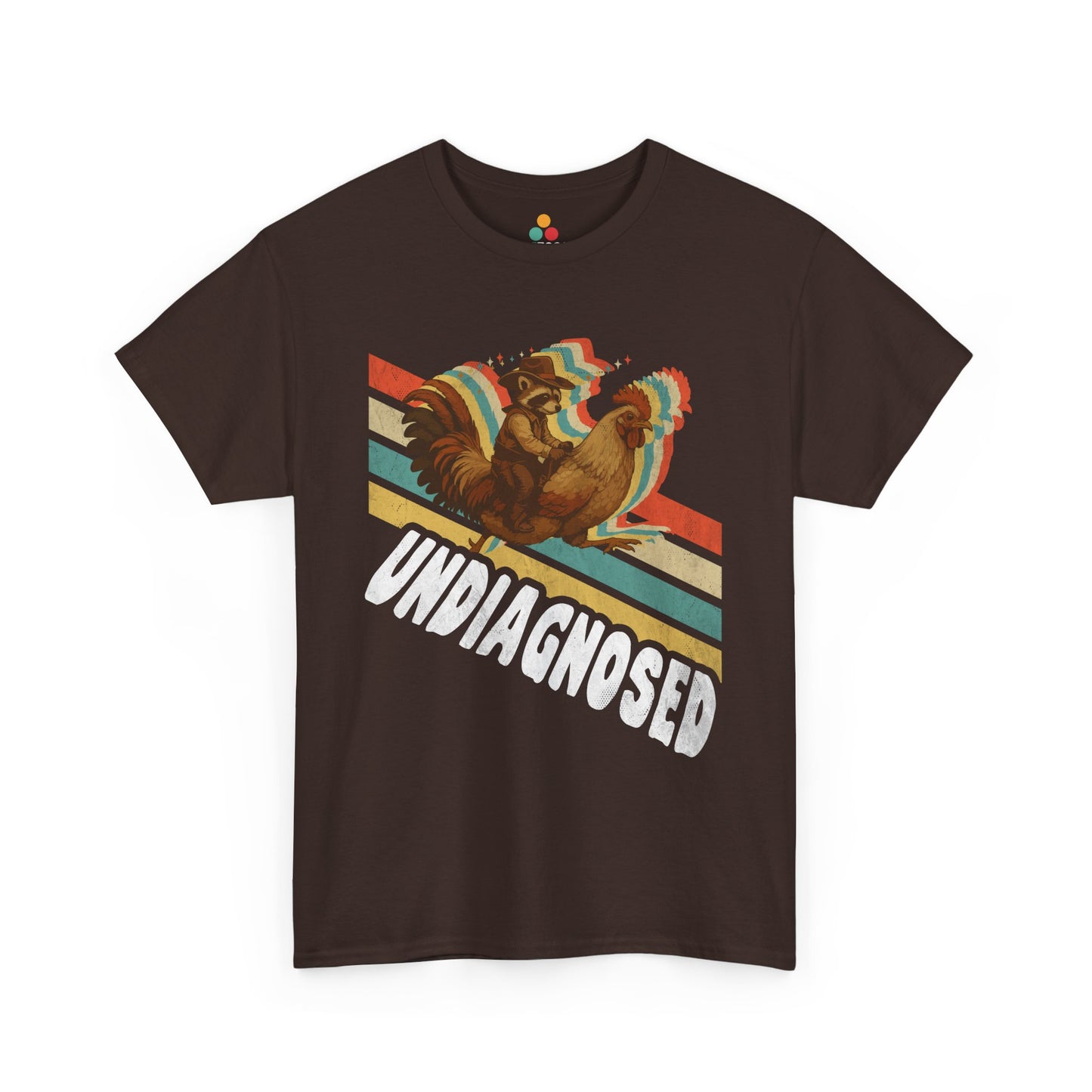 “Teezoca Undiagnosed shirt, retro sunset strip background, brown tee, front display.”

